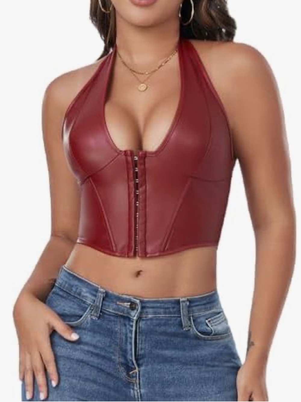 FEOYA PU Leather Crop Top Halterneck Y2K Lace Up